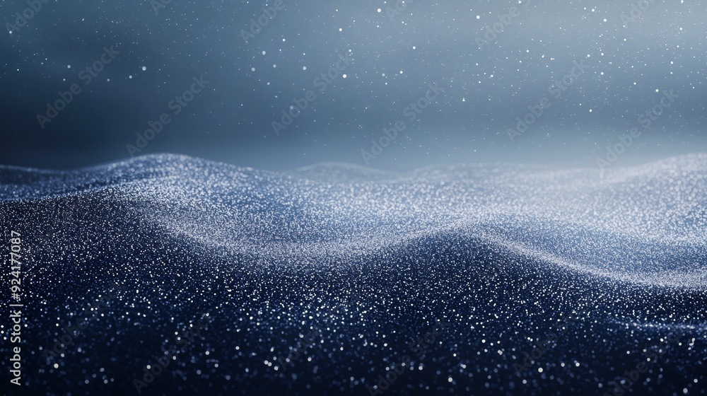 Poster abstract dark blue wavy background with glittering particles floating and creating a magical atmosph