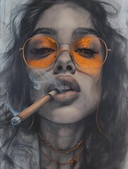 Woman with sunglasses smoking a cigar..