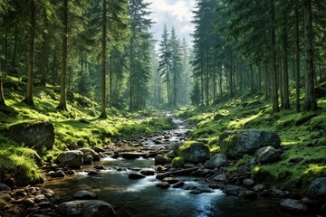 Obraz premium Beautiful landscape forest small stream running through it Nordi