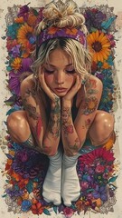 Girl with tattoos in autumn staring at the floor..