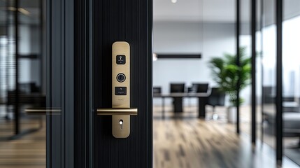A close-up view of a brass door lock features a keyhole, framed in black and gold, while the interior design concept store creates an elegant atmosphere in the background
