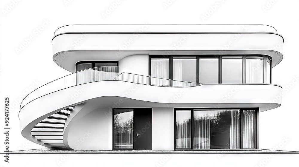 Poster a monochrome picture displays a structure featuring a helix staircase ascending towards the higher l