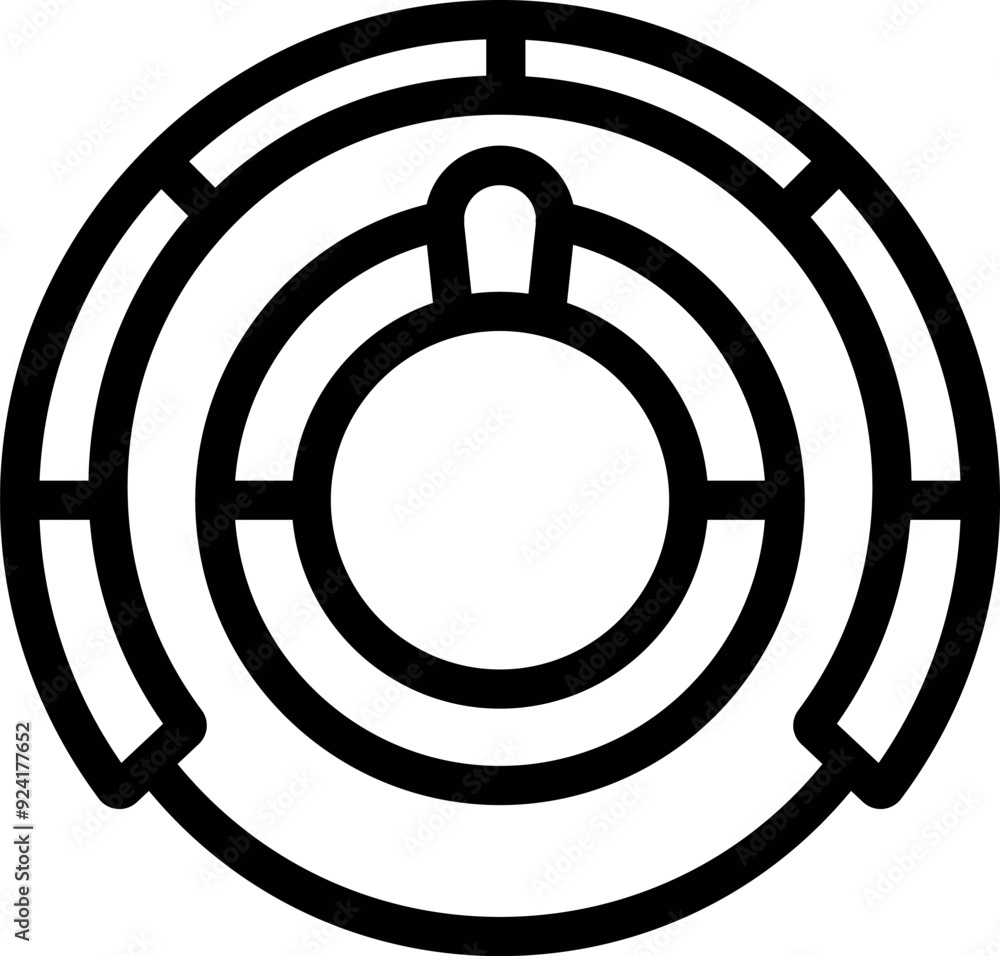 Poster black and white icon of a round maze puzzle with a clear path to the center, symbolizing problem sol