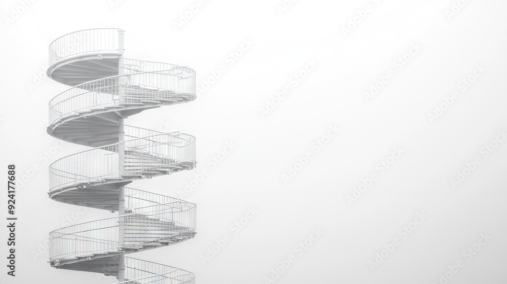 Poster a towering spiral staircase rises from the center of a hazy skyscape, adorned with a clock on every 