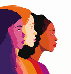 3 Diverse women, vector style illustration, modern trendy serious, beautiful, independent women, flay style artwork, Black, brown and white skin, ethnicities, ethnic diversity