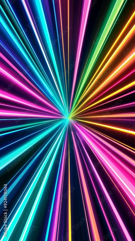 Poster vivid neon beams radiate from a central point in an abstract background, creating a dynamic, energet