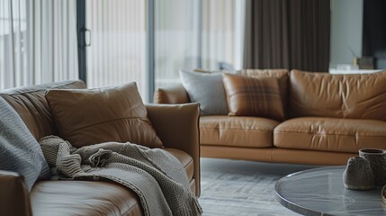 A minimalist living area with a sleek leather sofa and matching armchairs subtly adorned with layered throws in muted hues adding a subtle touch of comfort and style.