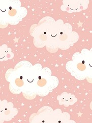 Whimsical background featuring cute, smiling clouds on a soft pink backdrop with stars, perfect for children's designs.