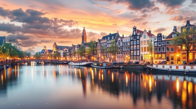 Stunning Sunlit Amsterdam Canal at Sunset with Historic Buildings and Boats