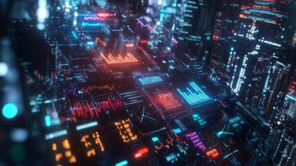 Obraz premium Futuristic Stock Ticker 3D Model: Digital Numbers & Graphs in Space