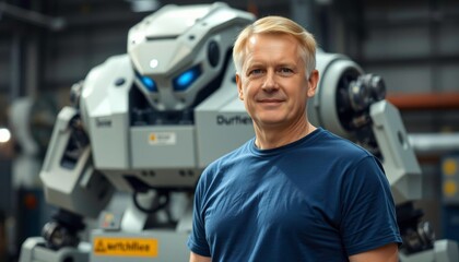 man dressed in a dark blue shirt in front of a white robot in the background