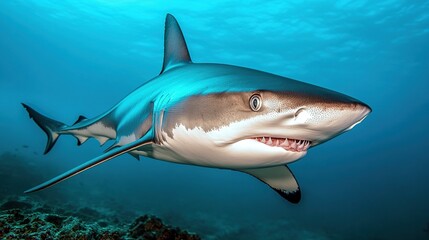 Fototapeta premium A grey reef shark swims with its mouth open in a blue ocean. The shark is facing the camera and looks directly at the viewer.