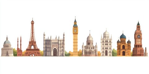 Obraz premium Timeless Historical Landmarks Isolated on White: A Vector Illustration of Global Heritage for Travel and Tourism Concepts.