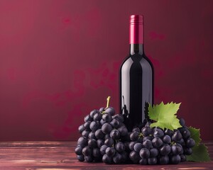 Fototapeta premium Wine Bottle with Fresh Grapes and Green Leaves on Wooden Table, Red Background Illustration