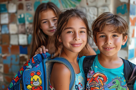 School friends hugging and smiling. A boy and his friend are happy to start school.