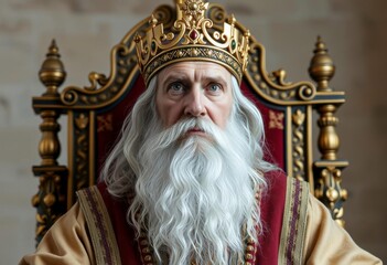 Obraz premium a king with his golden crown sitting on his throne looking seriously ahead.