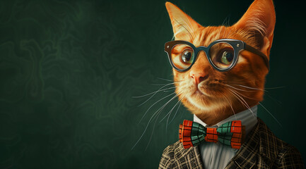 Portrait of an orange cat wearing glasses and a bow tie, dressed in a suit 