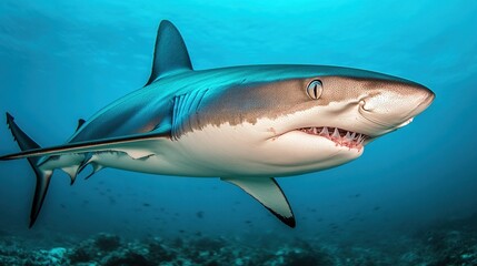 Fototapeta premium A grey reef shark with its mouth open, showing sharp teeth, swims through the clear blue water with a coral reef in the background.