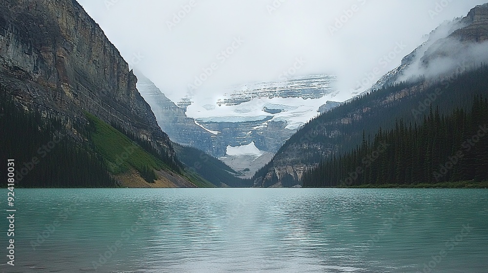 Poster a stunning image of a serene lake with towering mountains as its backdrop and trees lining the shore