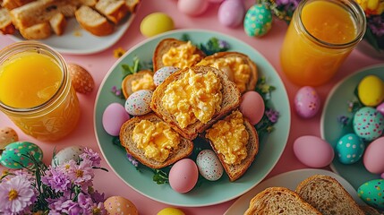   A plate of eggs, toast, and orange juice is on a pink tablecloth with eggs, flowers, and croissants
