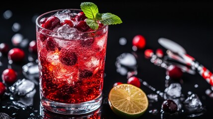 vodka, cranberry juice, soda, lime, berries, ice, bar utensils, black background, selective focus, alcoholic drink raspberry aspirations