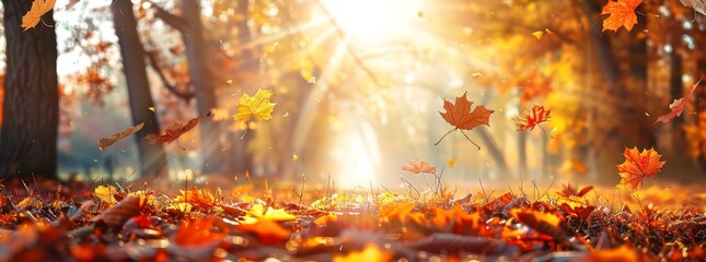 Obraz premium Colorful forest landscape in autumn. Sunlight shining onto brown, orange and yellow leaves in fall. Seasonal concept of a sunny day in october or november. 
