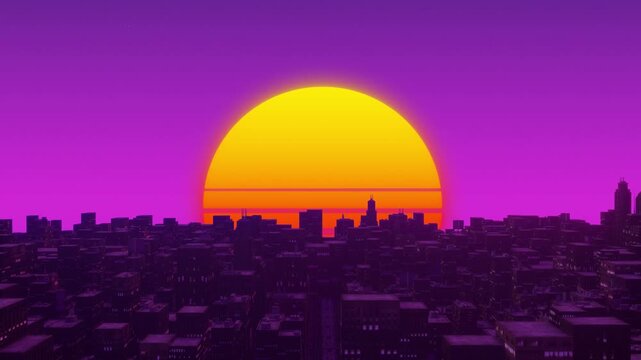 Night city landscape with cyberpunk or synthwave style, colorful retro and futuristic look