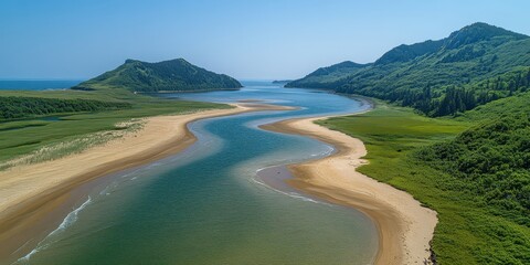 Aerial View of Serpentine River Flowing Through Lush Valleys and Golden Sandy Beaches with Mountainous Backdrop Under Clear Blue Sky