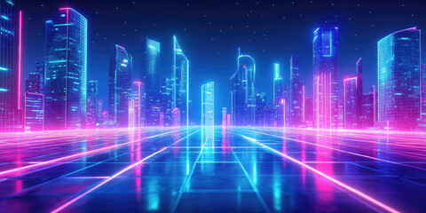 Naklejka premium Neon Cityscape Landscape. A Digital 3d Metropolis with high-rise buildings and neon lights
