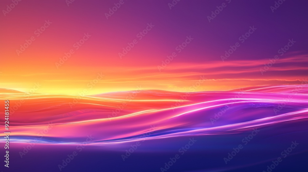 Poster abstract background with colorful waves flowing under a vivid sunset sky, creating a mesmerizing and