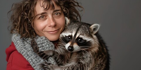 Obraz premium woman cuddling with pet raccoon, copy space, solid background 