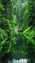 Fototapeta premium A forested area with a calm river reflecting vibrant green trees and foliage