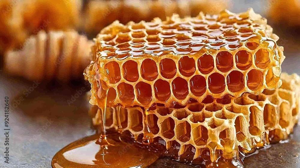 Poster a close-up of a honeycomb with a drizzle of honey on one side