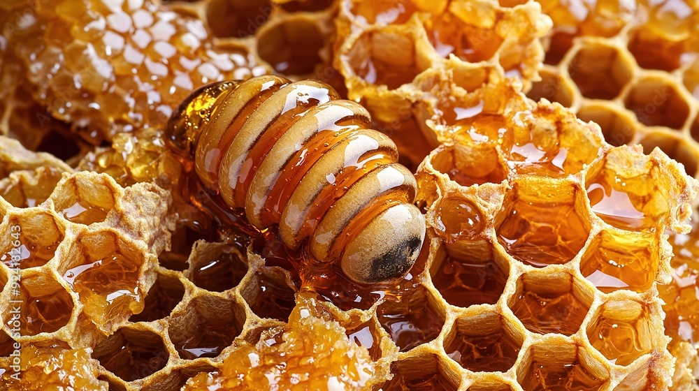 Poster a zoomed-in picture of a honeycomb with a bee perched beside it and a pool of honey at its center