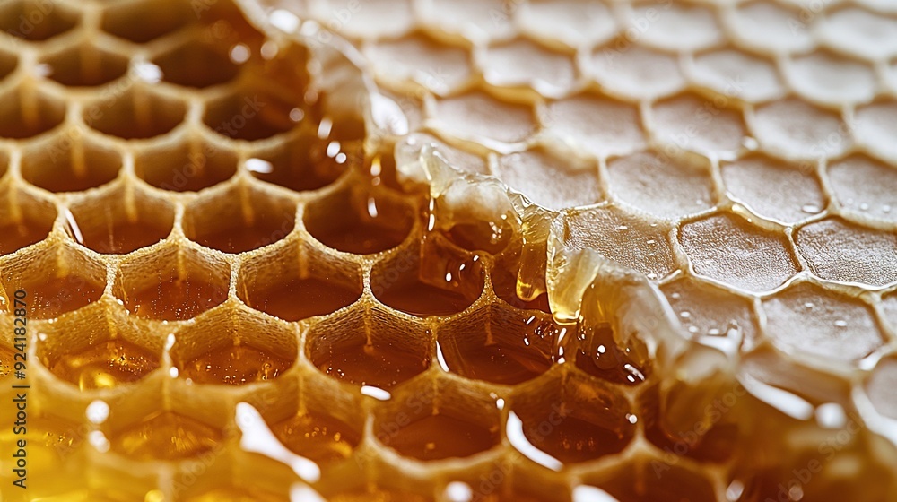 Poster a macro shot of a beehive with water droplets on the comb and golden nectar at the base