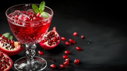 Deculent pomegranate mixed drink against a dark backdrop