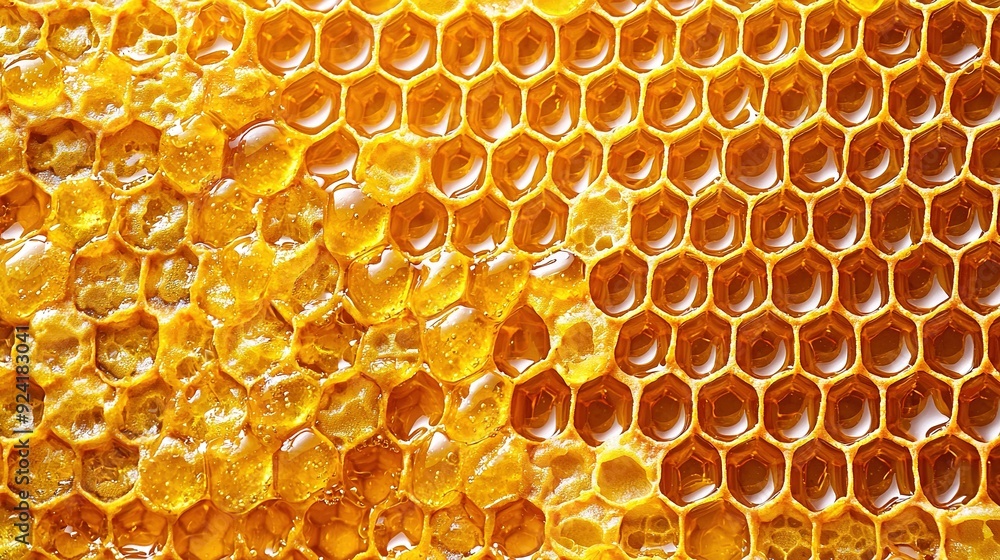 Poster a close-up of a honeycomb with water droplets on the honeycombs and a beehive in the background