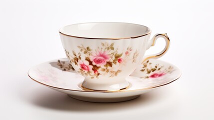 Delicate Floral Porcelain Teacup on White Background
