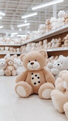 A variety of teddy bears in different sizes and colors sit on shelves and greet visitors in a cozy, illuminated toy store