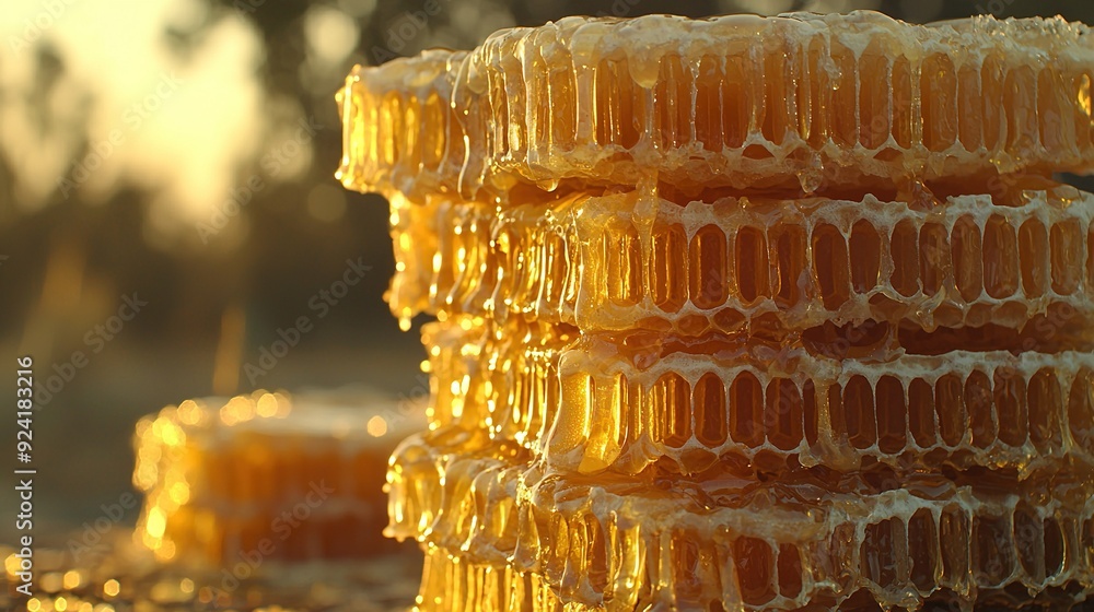 Poster a tower of honeycombs rests atop a fuzzy tree backdrop