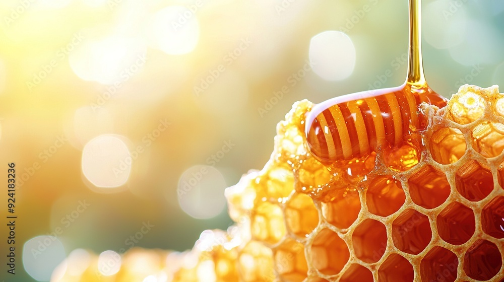 Poster a close-up of a honeycomb with a drop of honey dangling from its top