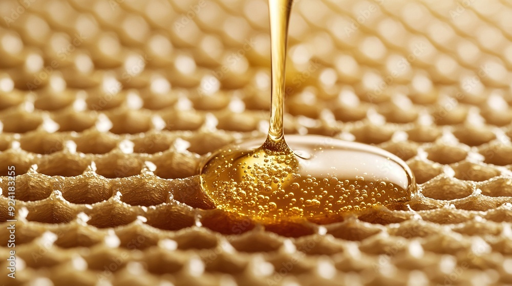 Poster a honeycomb with a single drop of honey on top and a drip from its peak