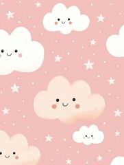 A whimsical pattern featuring smiling clouds against a soft pink background, perfect for playful and cute designs.