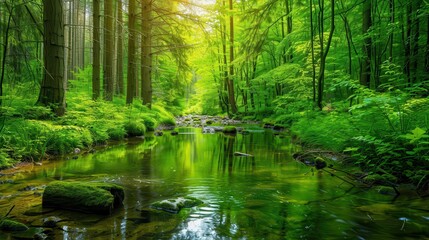 A serene stream meanders through a vibrant green forest under soft morning light