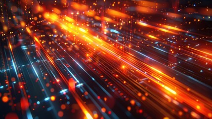 Obraz premium Design a futuristic background with vibrant, glowing gold and red lines, perfect for immersive digital presentations or video games