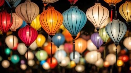 Obraz premium Vibrant lanterns hang in Hoi An, reflecting the spirit of the Chinese New Year celebrations through colorful displays and festive lights