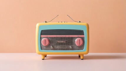 Obraz premium Small retro-style radio pastel yellow color has rectangular 3d c