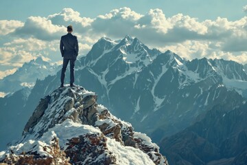 Man standing top mountain peak looking out vast Businessman stan
