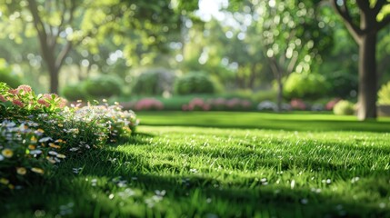 Obraz premium Green Grass and Flowers in a Sunny Garden