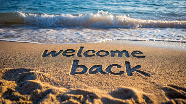 Tranquil Beach Welcome: 'Welcome Back' Inscribed in Sand with Sea Waves Background